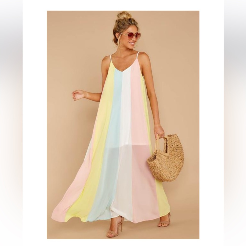47. Entro Wave Goodbye Pastel Rainbow Stripe Maxi Dress